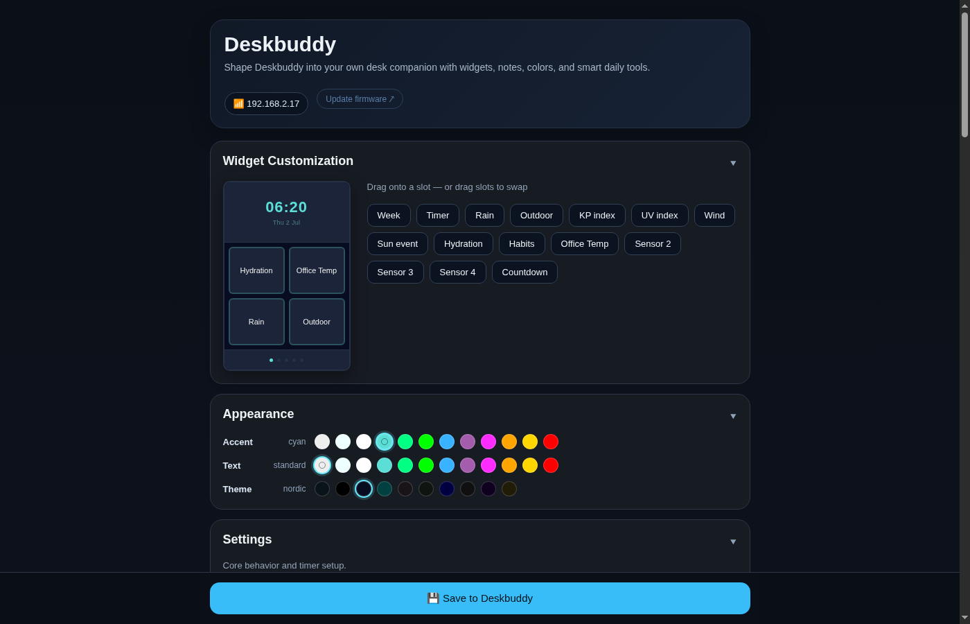 Device UI widget layout and appearance
